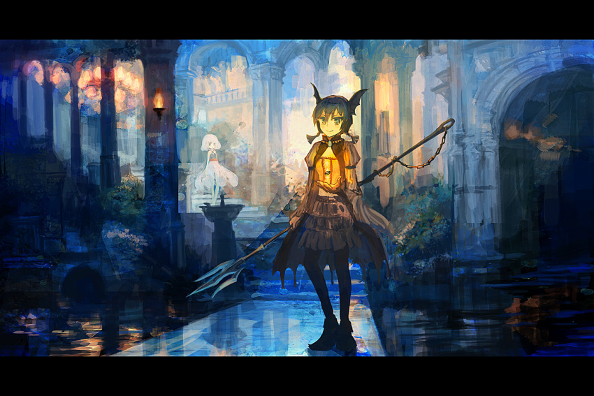 arch, blue_hair, chandelier, color_contrast, column, hatoya_hato, head_wings, letterboxed