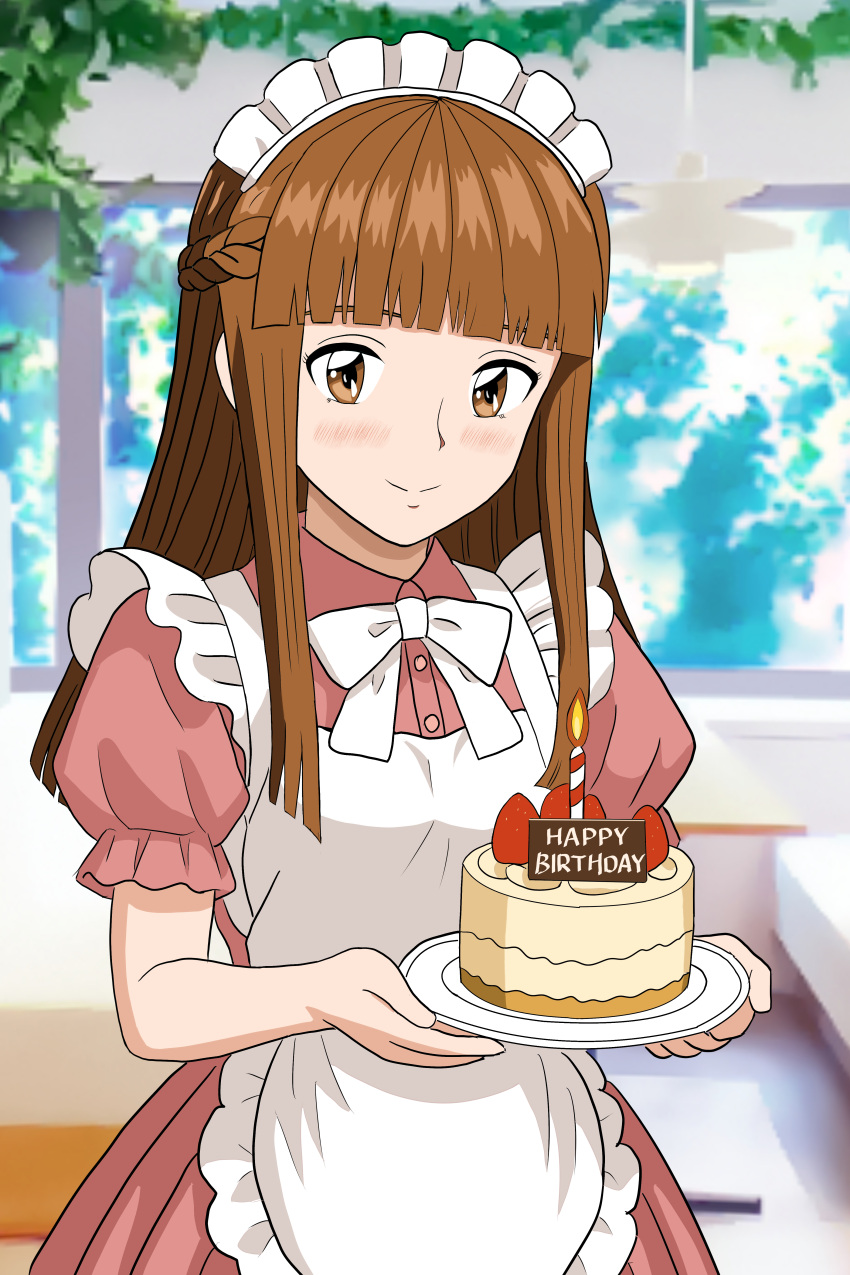 1girl, absurdres, apron, bigtree, birthday_cake, blush, bow, braid