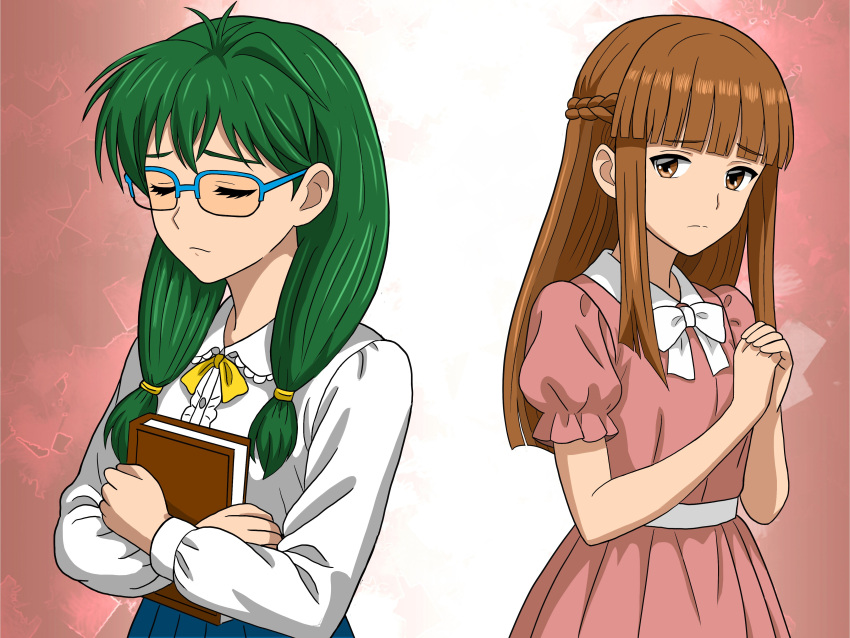 2girls, absurdres, bigtree, book, braid, brown_hair, closed_eyes, commentary_request