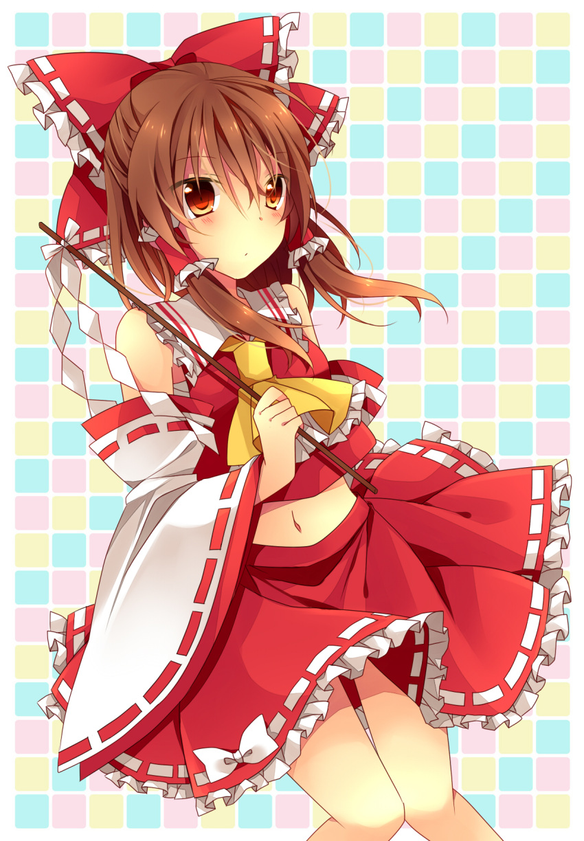 ascot, blush, bow, brown_eyes, brown_hair, detached_sleeves, gohei, hair_bow
