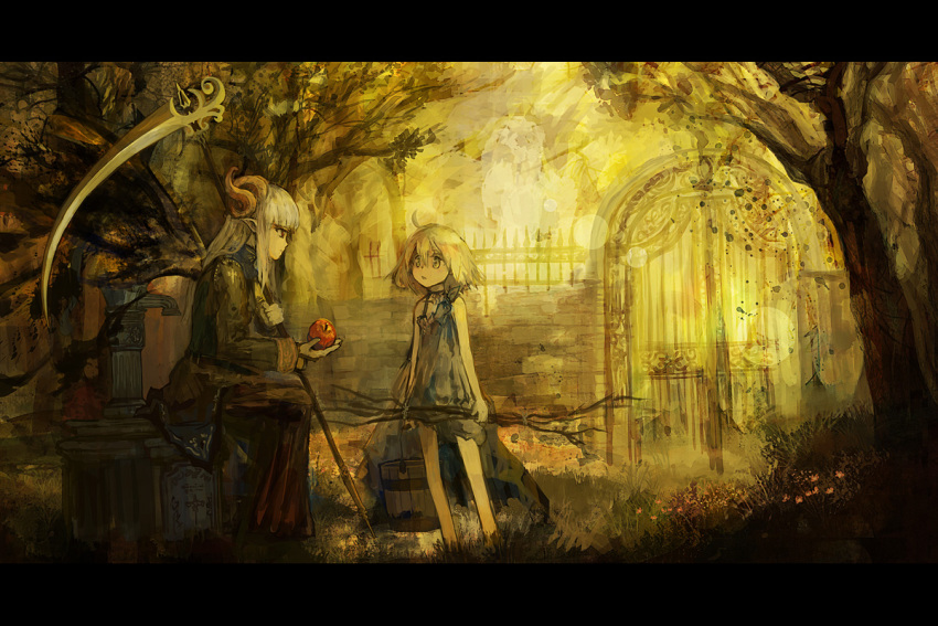 apple, black_wings, blonde_hair, branch, bucket, camisole, fence, food