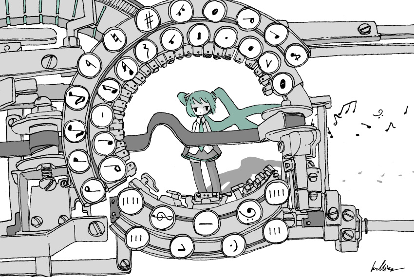 1girl, absurdres, accent_mark, aqua_hair, bass_clef, black_eyes, black_skirt, black_sleeves