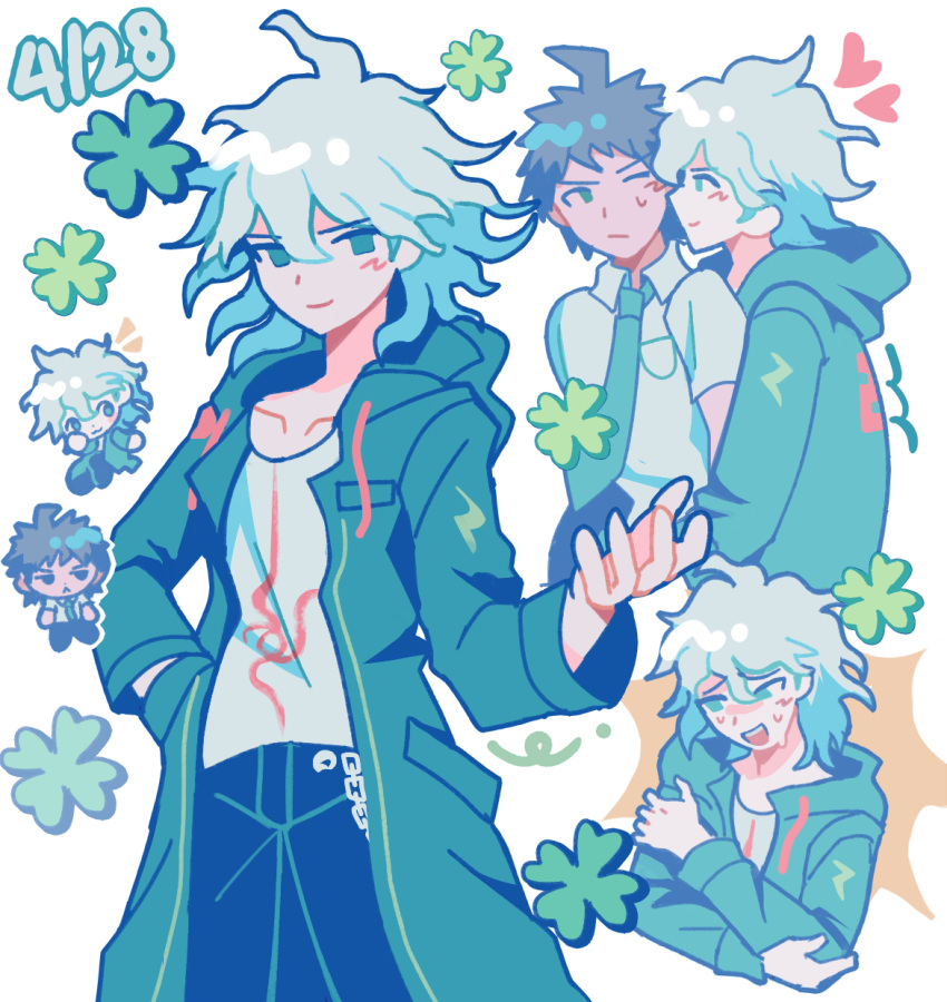 2boys, birthday_date, catp0sse, chibi, chibi_inset, clover, commentary, danganronpa_(series)