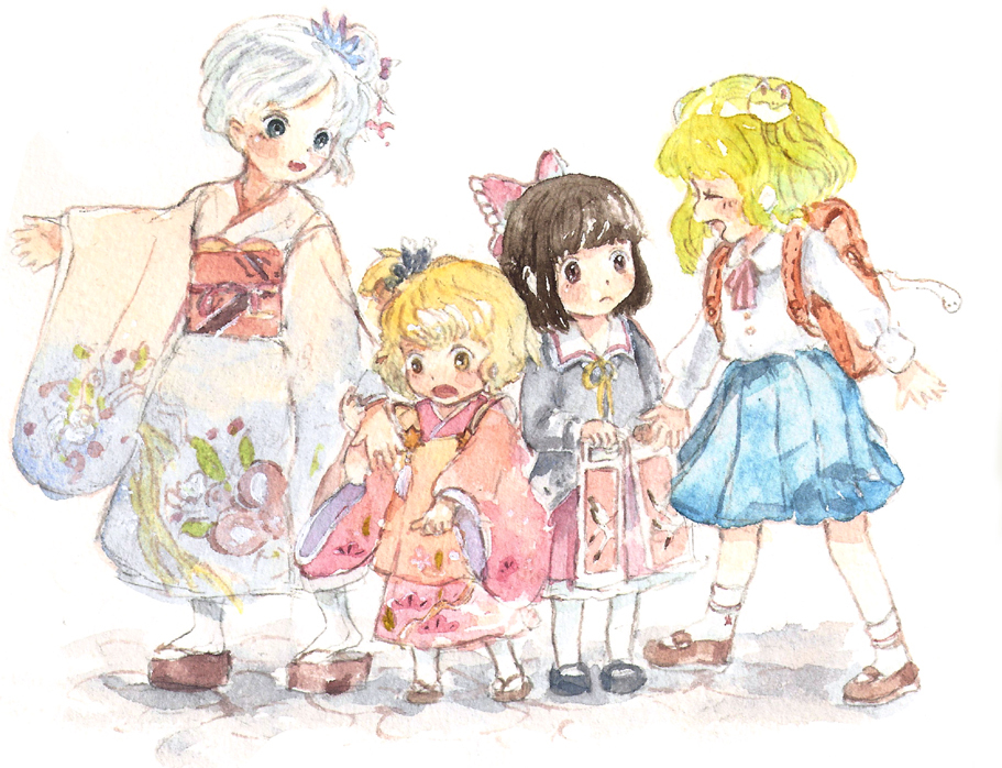 backpack, bag, black_hair, blonde_hair, bow, child, chitose_ame, frown