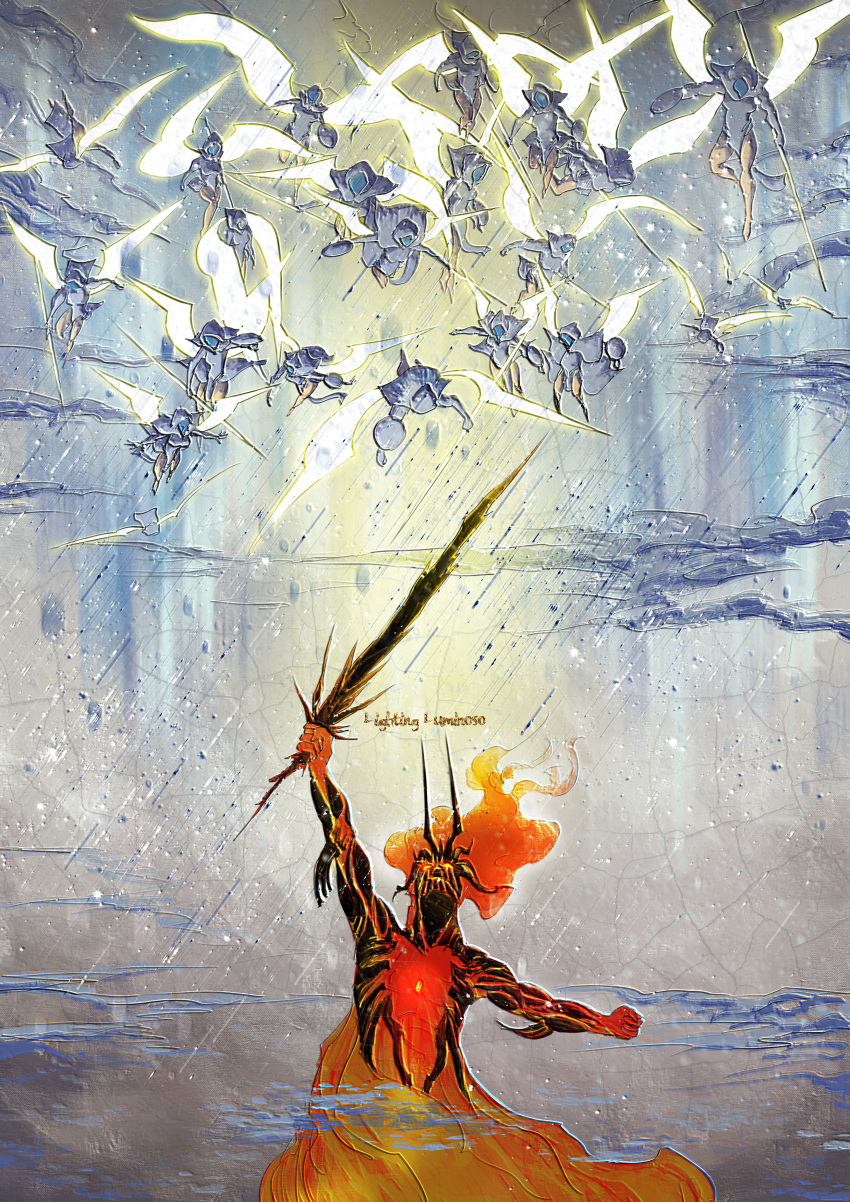 1boy, 6+girls, absurdres, arm_up, burning, clouds, commentary_request, energy_spear