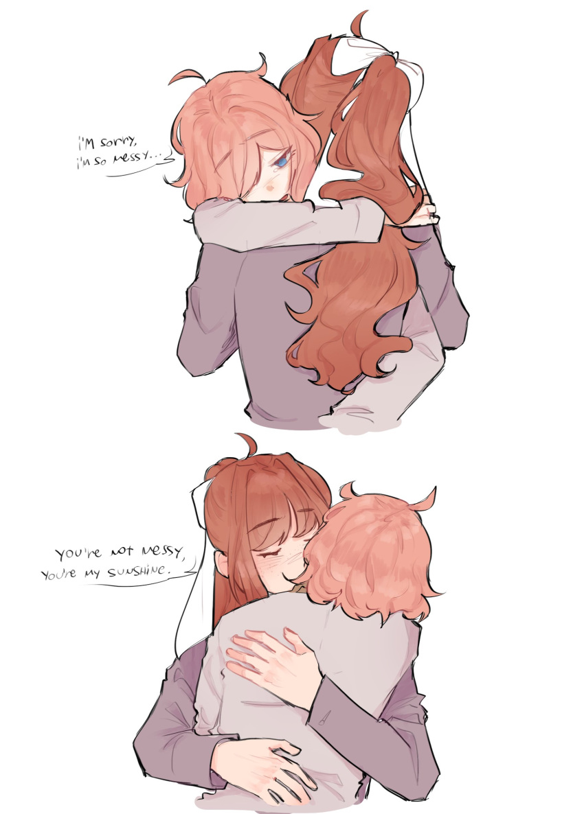 2girls, absurdres, blue_eyes, bow, brown_hair, commentary, doki_doki_literature_club, english_commentary