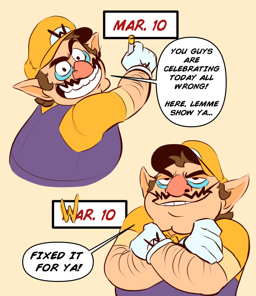 1boy, absurdres, blue_eyeliner, brown_hair, cleft_chin, commentary, cropped_torso, english_commentary, english_text, eyeliner, facial_hair, fat, gloves, hat, highres, large_nose, makeup, mario_day, mustache, overalls, pink_nose, pointy_ears, purple_overalls, shirt, short_hair, short_sleeves, smile, solo, super_mario_bros., teeth, wario, weevmo, white_gloves, yellow_hat, yellow_shirt