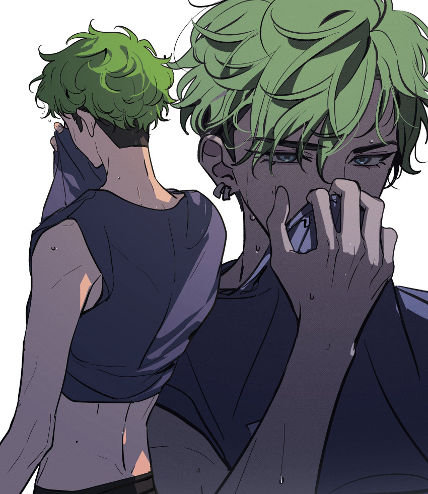 absurdres, black_shirt, blue_eyes, commentary_request, eichi_turnr, ensemble_stars!, from_behind, green_hair