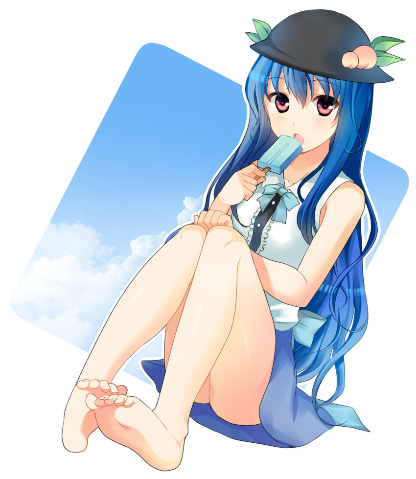 bare_legs, barefoot, blue_hair, collarbone, feet, food, fruit, garigarigari, hat, highres, hinanawi_tenshi, long_hair, no_panties, open_mouth, peach, popsicle, red_eyes, sitting, skirt, touhou