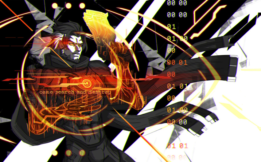 1boy, beard, binary, black_background, brown_hair, closed_mouth, cowboy_shot, emre_(overwatch)