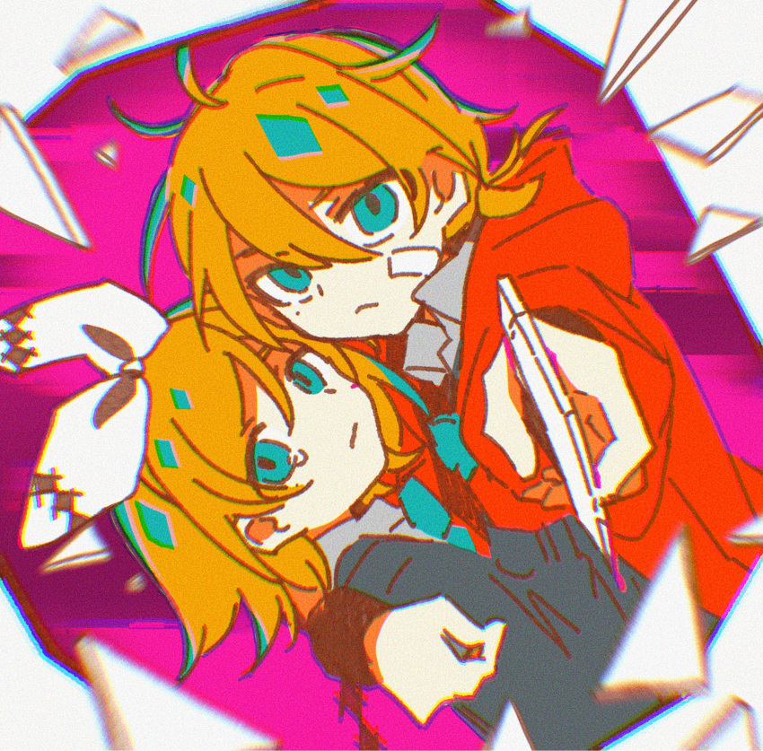 1boy, 1girl, ahoge, aqua_eyes, arm_around_shoulder, arusechika, bandaid, bandaid_on_cheek