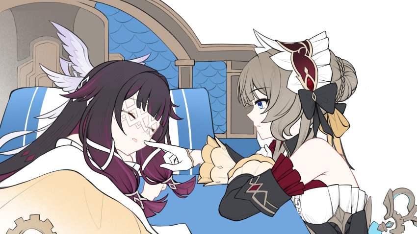2girls, absurdres, armpit_crease, bare_shoulders, bed, black_collar, black_hair, black_sleeves, blanket, blue_eyes, bonnet, bow, braid, braided_bun, breasts, brown_hair, bulouxi10818, bun_with_braided_base, cheek_poking, closed_eyes, collar, columbina_(genshin_impact), commentary_request, detached_collar, detached_sleeves, dress, eye_mask, gears, genshin_impact, gloves, hair_bow, hair_bun, hair_ornament, hair_ribbon, head_wings, headboard, headdress, highres, imminent_poke, long_hair, long_sidelocks, long_sleeves, lying, mask, multicolored_hair, multiple_girls, multiple_wings, on_side, open_mouth, pillow, poking, purple_hair, purple_streaks, ribbon, sandrone_(genshin_impact), see-through_clothes, see-through_mask, short_hair, short_hair_with_long_locks, sidelocks, simple_background, sleeping, streaked_hair, two-tone_hair, under_covers, very_long_hair, white_background, white_dress, white_headdress, white_mask, white_wings, winding_key, wing_hair_ornament, wings, x-shaped_eyewear