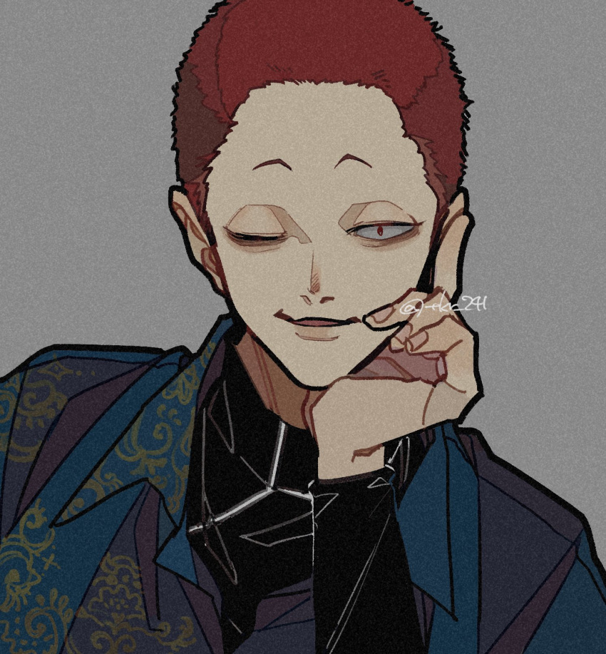 1boy, alternate_costume, collared_shirt, grey_background, haikyuu!!, hand_on_own_chin, highres, male_focus