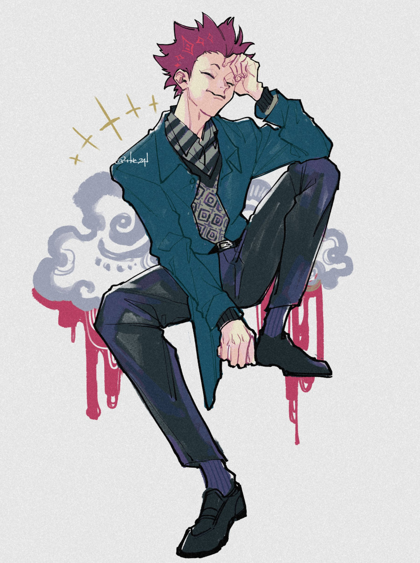 1boy, absurdres, alternate_costume, black_pants, black_shoes, blue_jacket, closed_eyes, closed_mouth