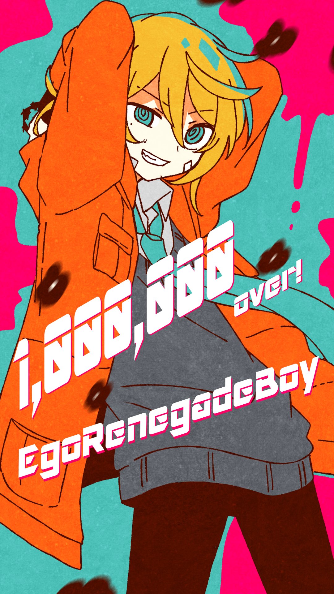 1boy, aqua_background, aqua_eyes, aqua_necktie, arms_up, arusechika, bandaid, bandaid_on_cheek, bandaid_on_face, black_flower, black_pants, blonde_hair, blood, blood_splatter, collared_shirt, commentary, cowboy_shot, cuffs, ego_renegade_boy_(vocaloid), flower, grey_sweater_vest, grin, hair_between_eyes, handcuffs, highres, hood, hood_down, hooded_jacket, jacket, kagamine_len, long_sleeves, male_focus, milestone_celebration, necktie, official_artist_extra, open_clothes, open_jacket, orange_jacket, pants, ringed_eyes, shirt, short_hair, smile, solo, song_name, sweater_vest, uneven_eyes, untranslatable_commentary, vocaloid, white_shirt
