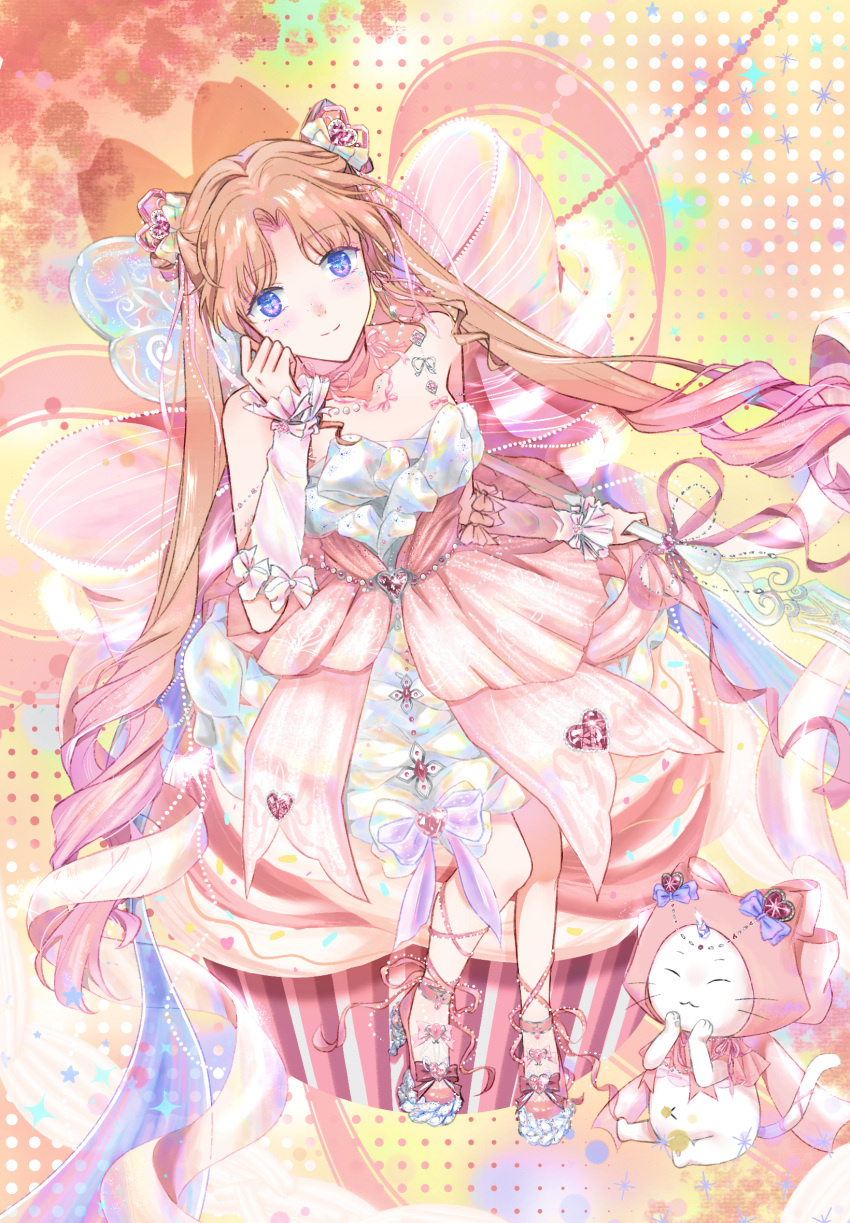 1girl, =_=, animal, anklet, arm_warmers, back_bow, bare_shoulders, bead_necklace