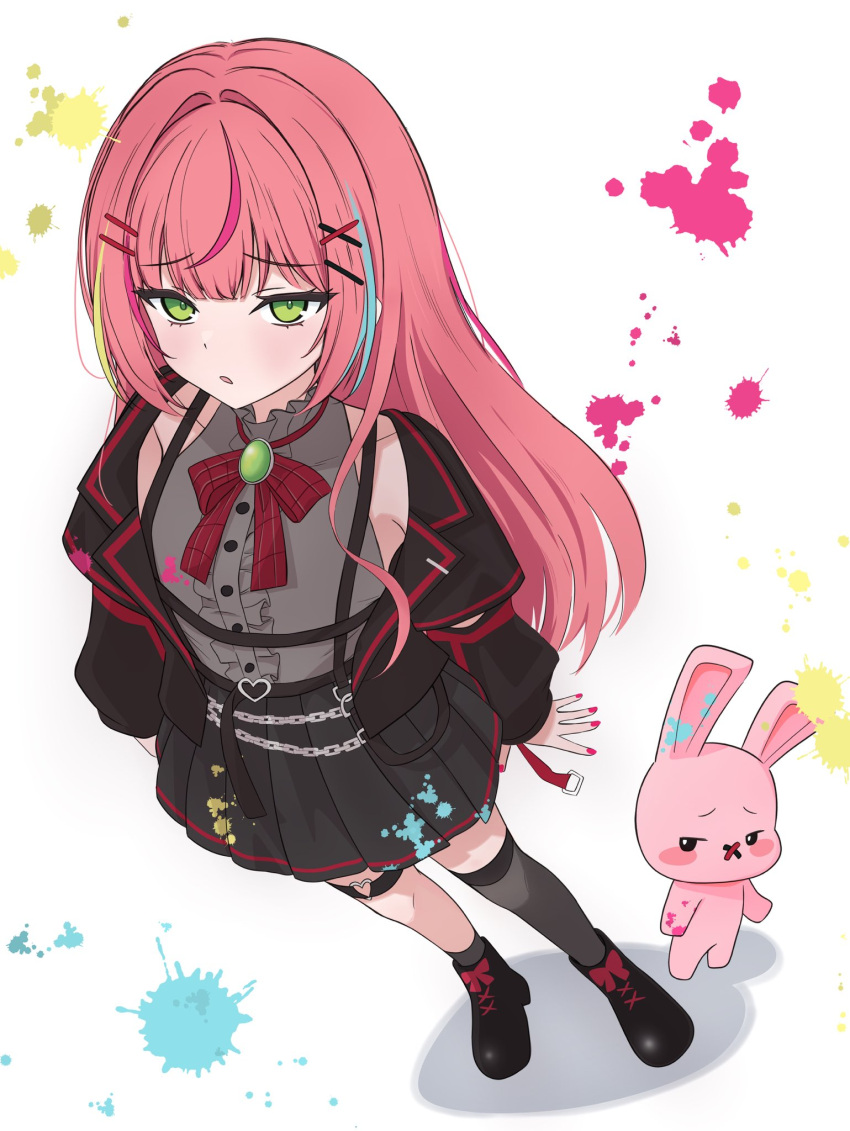 1girl, asymmetrical_legwear, black_boots, black_jacket, black_skirt, boots, butadiene, commentary_request, creature, fingernails, foreshortening, from_above, full_body, green_eyes, grey_shirt, grey_socks, grey_thighhighs, hair_ornament, hairclip, hanako_nana, heart, heart_o-ring, highres, jacket, korean_commentary, long_hair, long_sleeves, looking_at_viewer, looking_up, miniskirt, multicolored_hair, nail_polish, o-ring, o-ring_thigh_strap, open_clothes, open_jacket, paint_on_clothes, paint_splatter, parallel_hairclips, parted_lips, peto_(hanako_nana), pink_hair, pink_nails, pleated_skirt, raised_inner_eyebrows, shirt, simple_background, single_sock, single_thighhigh, skirt, sleeveless, sleeveless_shirt, socks, standing, stellive, straight_hair, streaked_hair, thigh-highs, thigh_strap, very_long_hair, virtual_youtuber, white_background, wispy_bangs, x_hair_ornament