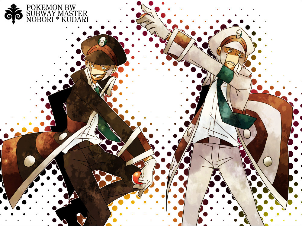 2boys, belt, ben-day_dots, black_belt, black_hat, black_pants, character_name, coat