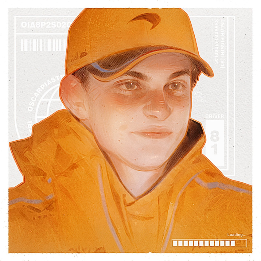 1boy, baseball_cap, border, brown_eyes, brown_hair, closed_mouth, commentary, formula_one