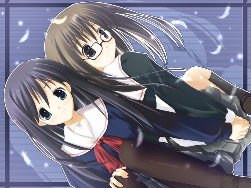 2girls, aruruw_to_asobo!!, black-framed_eyewear, black_hair, black_pantyhose, black_shirt, black_socks, blue_background