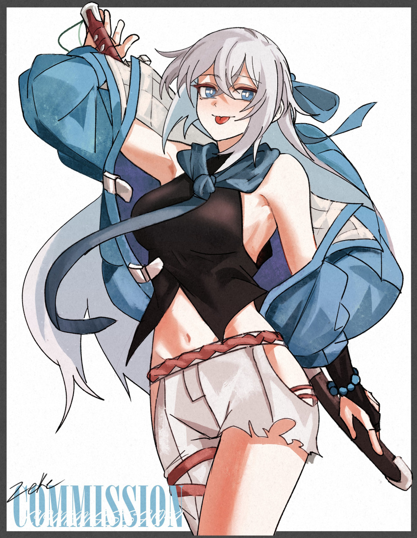 1girl, absurdres, asymmetrical_legwear, bare_shoulders, beads, blue_jacket, blue_ribbon, bob_cut