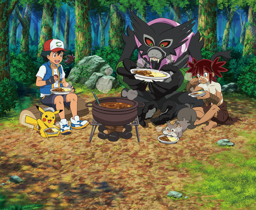 2boys, artist_request, ash_ketchum, barefoot, baseball_cap, black_hair, black_shorts, blue_vest