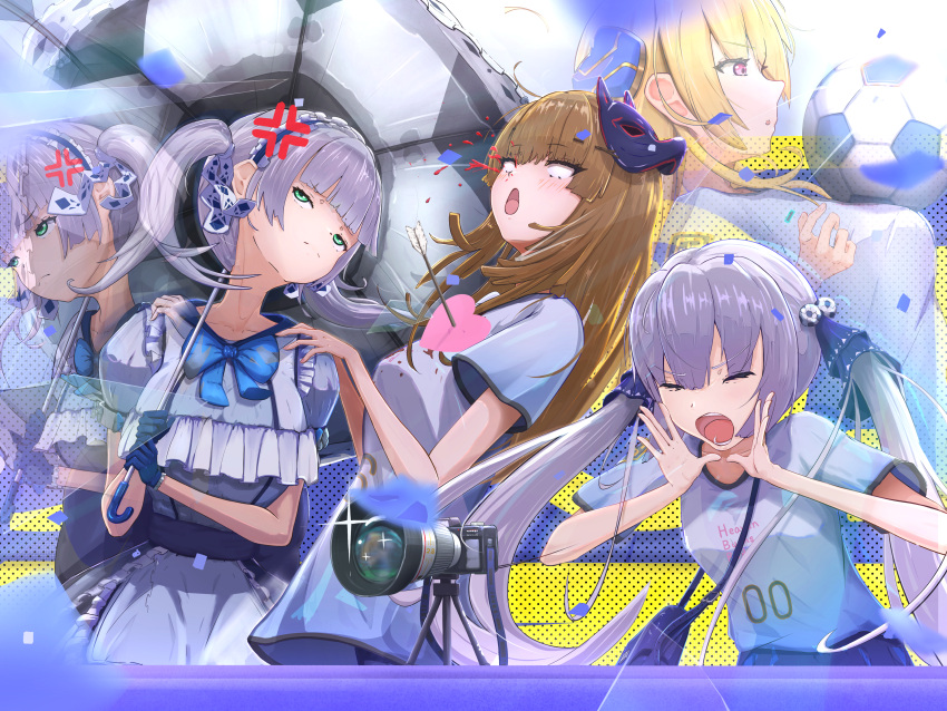 4girls, absurdres, alternate_costume, anger_vein, annoyed, aroused_nosebleed, arrow_(projectile), black_ribbon