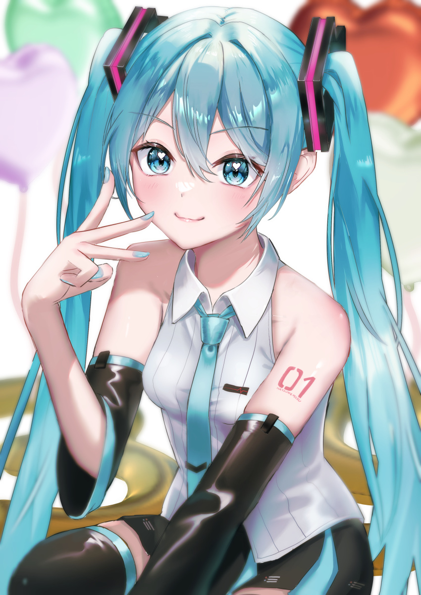 1girl, absurdres, aqua_eyes, aqua_hair, aqua_nails, aqua_trim, bare_shoulders, blurry
