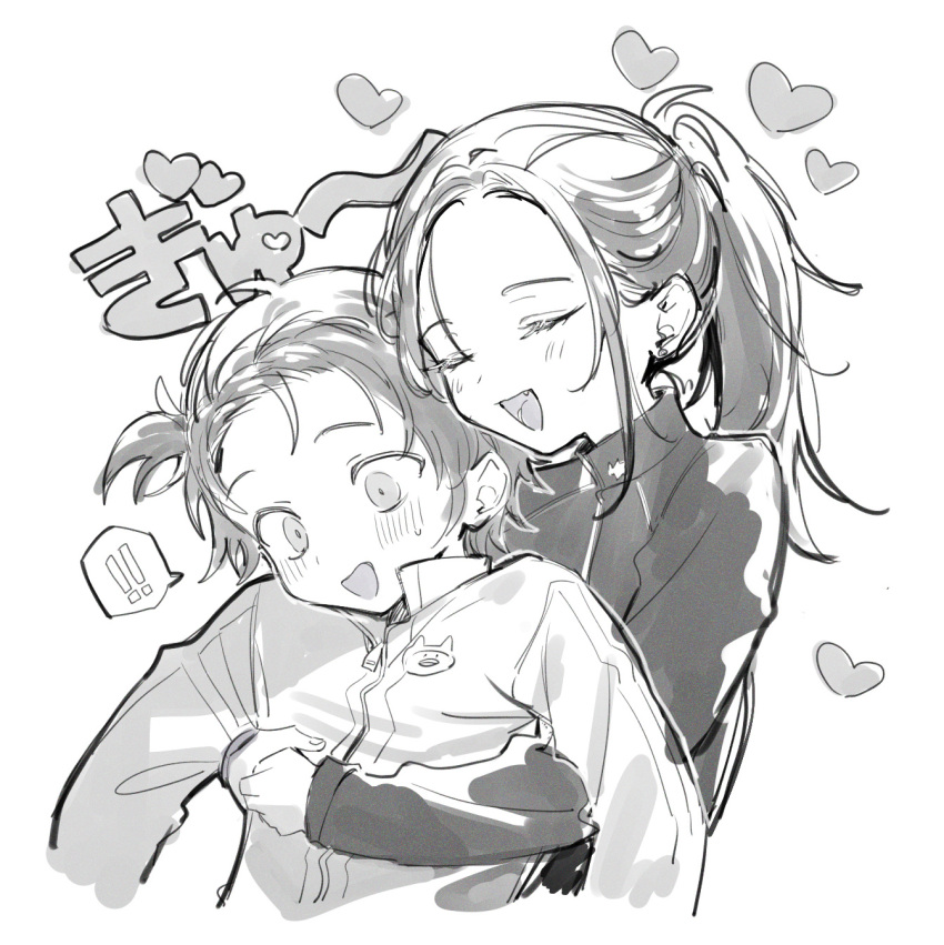 !, !!, 2girls, :d, blush, closed_eyes, commentary_request, fang