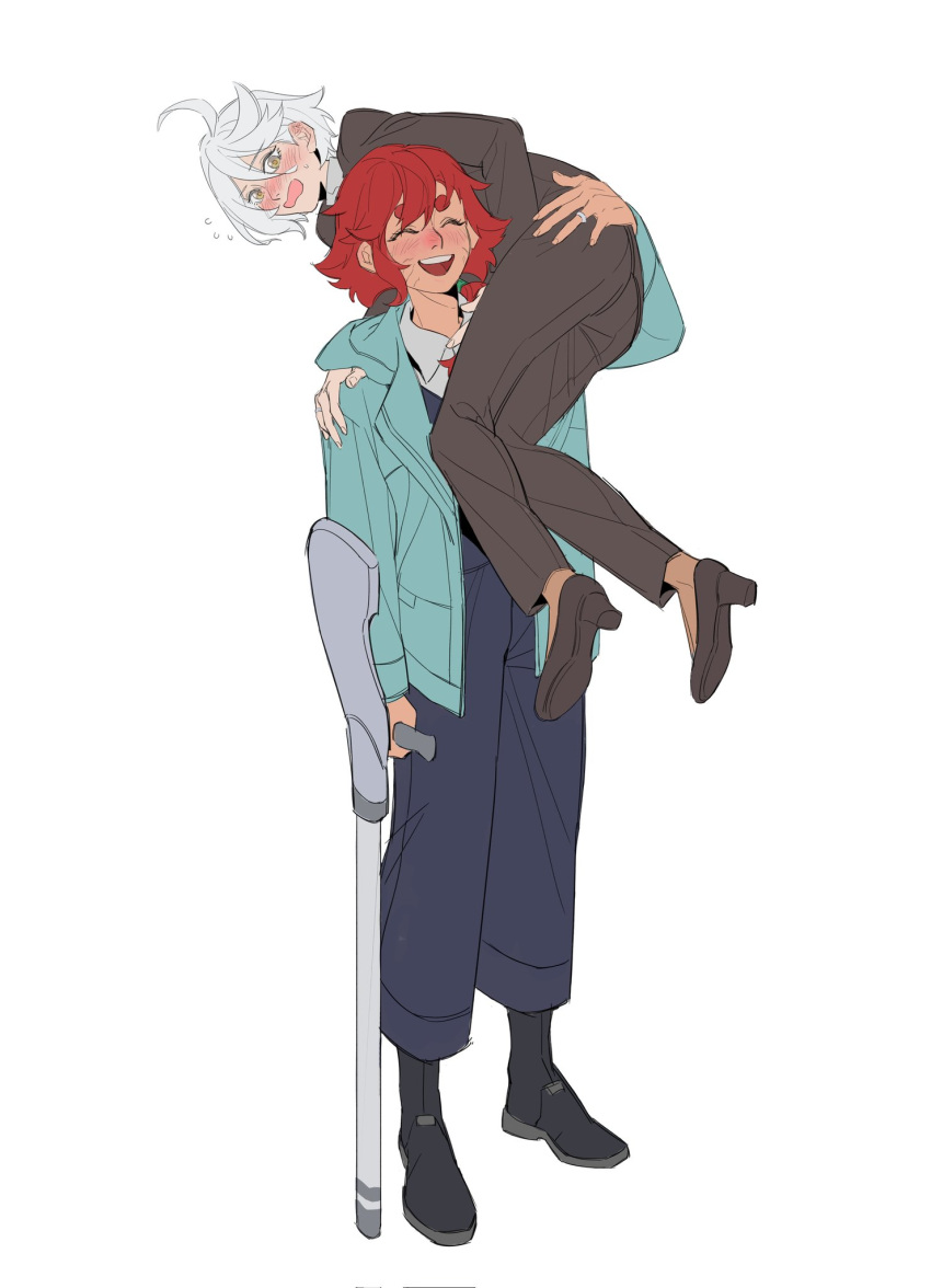 2girls, black_pants, black_shoes, blue_jacket, blush, brown_jacket, brown_pants, brown_suit, carrying, chiliangtu, closed_eyes, commentary, crutch, flying_sweatdrops, gundam, gundam_suisei_no_majo, highres, jacket, jewelry, long_hair, miorine_rembran, multiple_girls, open_mouth, pants, red_hair, ring, scar, scar_on_face, shoes, short_hair, shoulder_carry, simple_background, smile, suit, suletta_mercury, sweat, thick_eyebrows, untranslatable_commentary, wedding_ring, white_background, white_hair, wife_and_wife, yuri