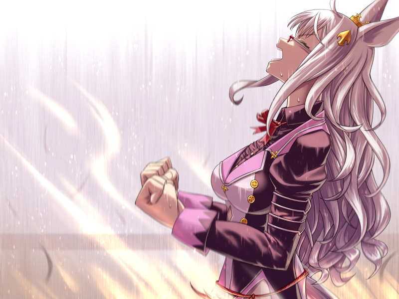 1girl, ahoge, animal_ears, biwa_hayahide_(pf._winning_equation...)_(umamusume), biwa_hayahide_(umamusume), black_shirt, bow, breasts
