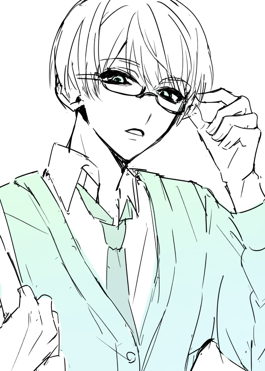 16personalities, 1boy, absurdres, adjusting_eyewear, aqua_cardigan, aqua_necktie, blue_eyes, cardigan