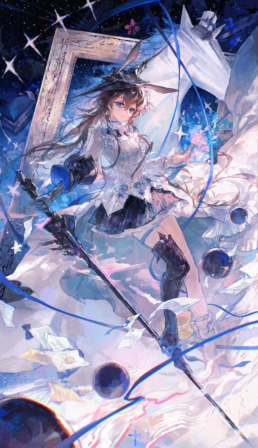 1girl, absurdres, amiya_(arknights), amiya_(guard)_(arknights), amiya_(guard)_(in_a_myriad_of_universes)_(arknights), animal_ears, arknights, asymmetrical_footwear, black_boots, black_hat, black_skirt, blue_eyes, blue_ribbon, boots, brown_hair, chinese_commentary, closed_mouth, commentary_request, earrings, ears_through_headwear, floating, floating_object, floating_ribbon, foot_on_weapon, full_body, gauntlets, hat, highres, holding, holding_sword, holding_weapon, jewelry, linghuizi, long_hair, looking_at_viewer, mismatched_footwear, paper, picture_frame, procreate_(medium), rabbit_ears, rabbit_girl, ribbon, shirt, single_gauntlet, skirt, sky, smile, solo, sparkle, standing, star_(sky), starry_sky, sword, weapon, white_shirt