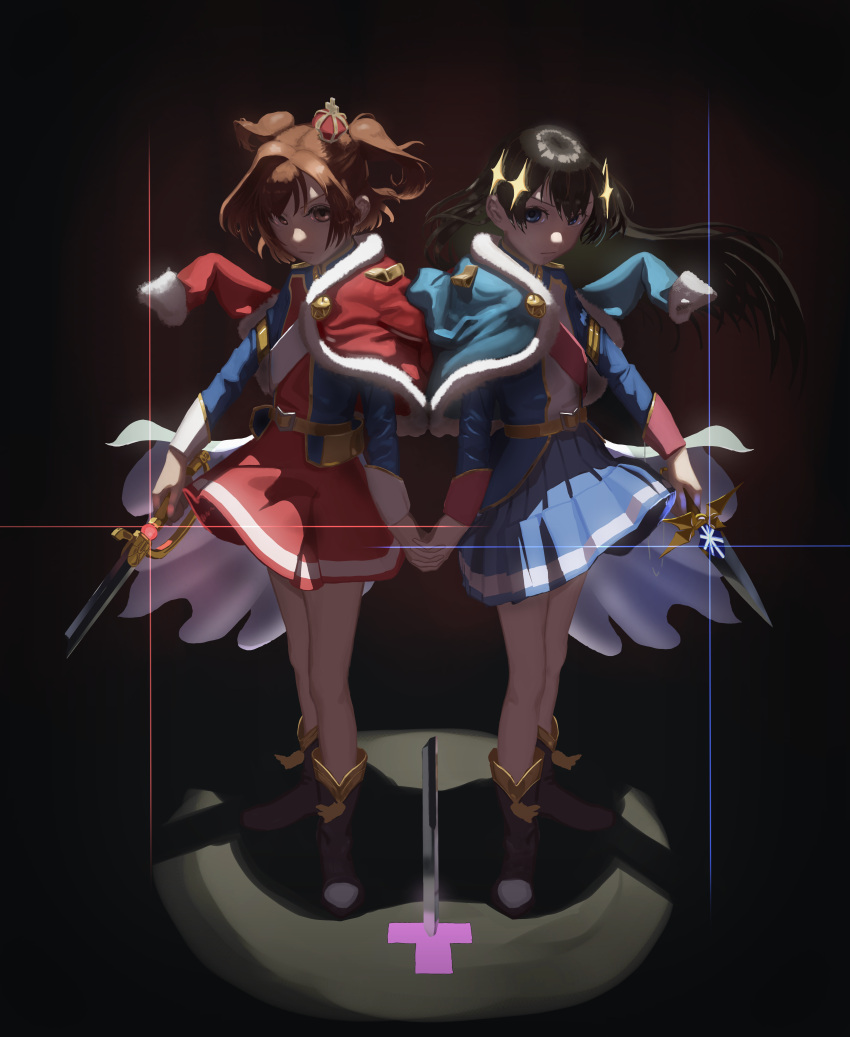 2girls, :|, absurdres, aijou_karen, badge, belt, belt_buckle, black_hair