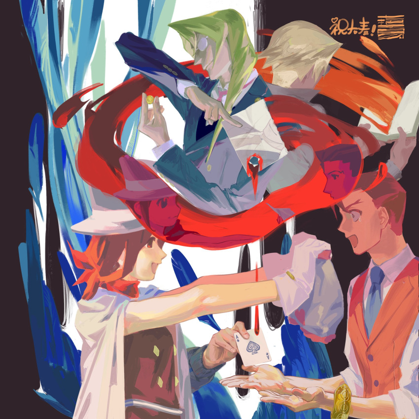 1girl, 4girls, 7zhby, :d, ace_(playing_card), ace_attorney, ace_of_spades, aged_down