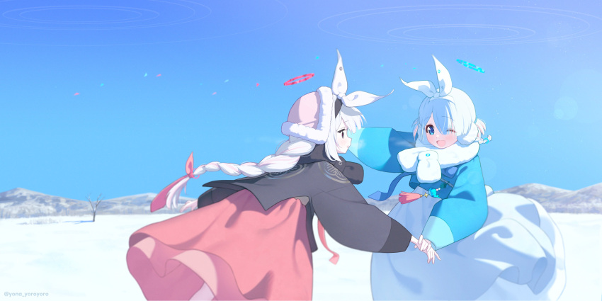 2girls, absurdres, alternate_costume, alternate_hairstyle, arona_(blue_archive), bare_tree, black_hairband, black_scarf, blue_archive, blue_eyes, blue_hair, blue_halo, braid, braided_ponytail, breath, chima_(clothes), commentary_request, daenngi_meori, earmuffs, eye_contact, fur-trimmed_headwear, fur_trim, hair_over_one_eye, hair_ribbon, hairband, halo, hanbok, hat, highres, holding_another's_wrist, jeogori_(clothes), korean_clothes, long_hair, looking_at_another, mountain, multicolored_hair, multiple_girls, one_eye_closed, outdoors, pink_halo, pink_hat, pink_ribbon, pink_skirt, pink_streaks, plana_(blue_archive), ribbon, scarf, short_hair, single_braid, skirt, snow, streaked_hair, tree, two-tone_hair, white_hair, white_hairband, white_ribbon, white_scarf, white_skirt, yona_(yoroyoro)