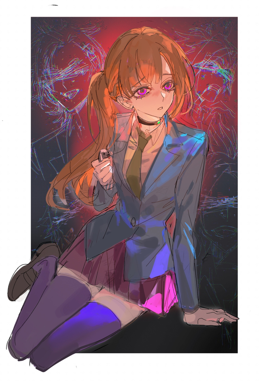 1girl, absurdres, arm_support, binxngchng1, black_choker, blue_jacket, border, brown_shoes