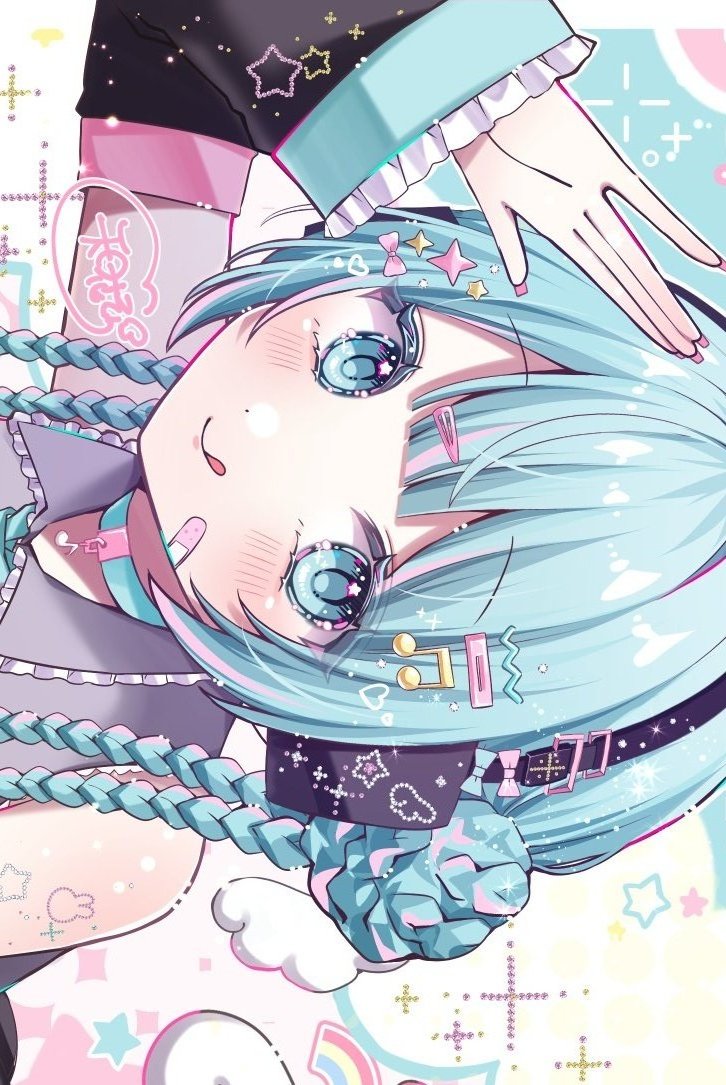 1girl, aqua_eyes, aqua_hair, aqua_trim, blush, chibana_sora, closed_mouth, coll, collared_shirt, commentary_request, detached_sleeves, grey_shirt, hatsune_miku, headset, long_sleeves, looking_at_viewer, pink_hair, shirt, smile, solo, vocaloid, wide_sleeves
