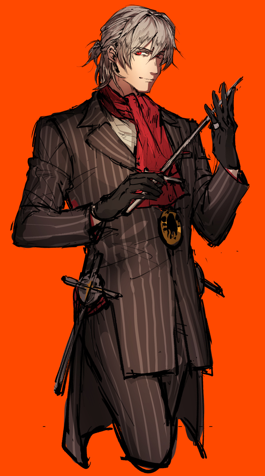 1boy, absurdres, antonio_salieri_(fate), ascot, black_gloves, closed_mouth, commentary_request, conductor_baton, cropped_legs, expressionless, fate/grand_order, fate_(series), gloves, grey_hair, highres, jacket, male_focus, pants, partial_commentary, pinstripe_pattern, red_ascot, short_hair, simple_background, solo, striped_clothes, striped_jacket, striped_pants, tkc_(tkoshinchan)