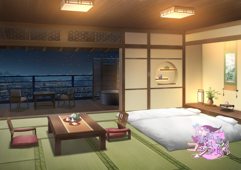 architecture, asa_no_ha_(pattern), balcony, bathtub, bedroom, blanket, ceiling_light, chabudai