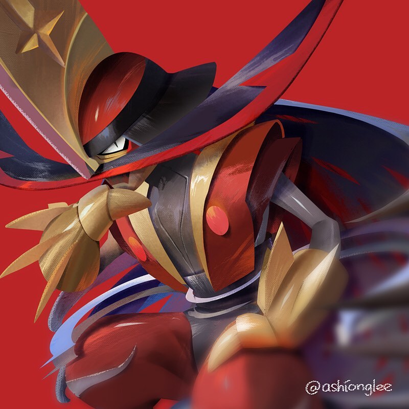 ashionglee, blurry, commentary, english_commentary, hand_on_own_chin, hand_on_own_leg, instagram_username, kingambit