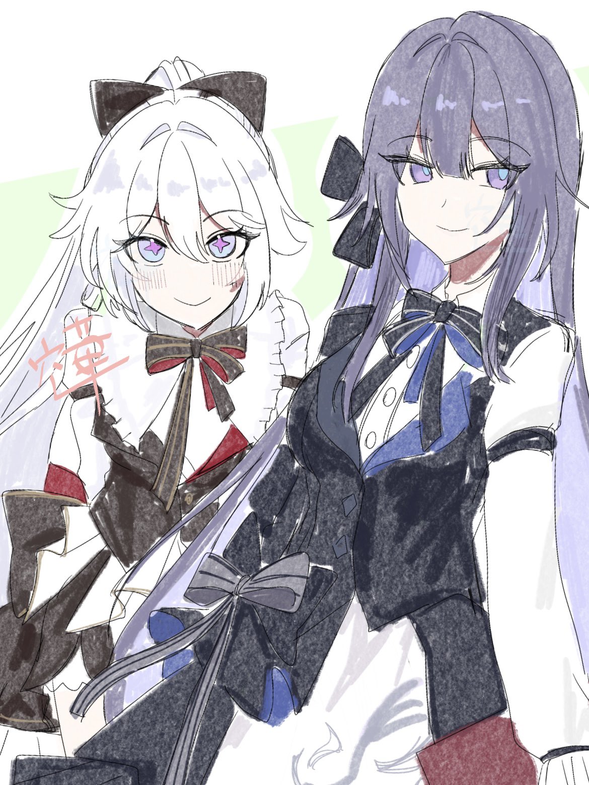 2girls, blue_eyes, bow, breasts, bright_pupils, colored_inner_hair, commentary_request, dress