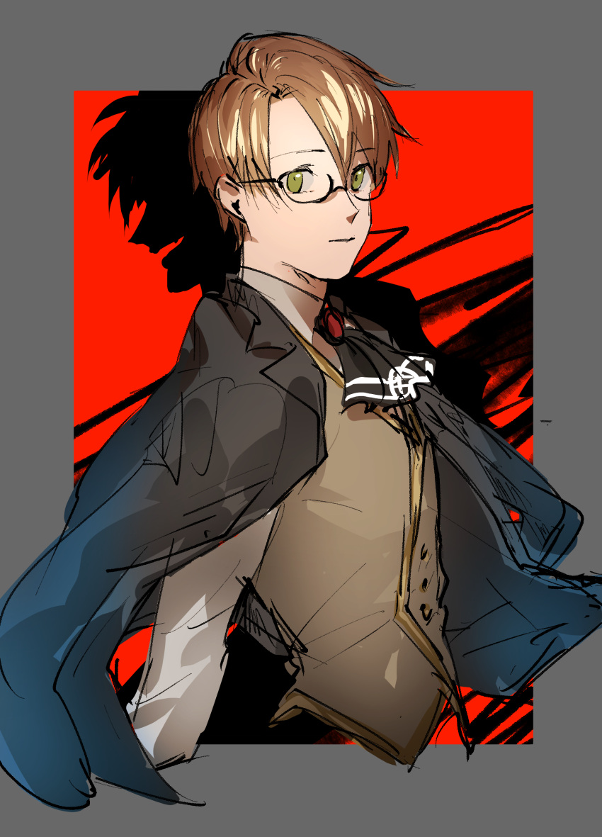 1boy, absurdres, ascot, black_ascot, border, brown_hair, closed_mouth, commentary_request