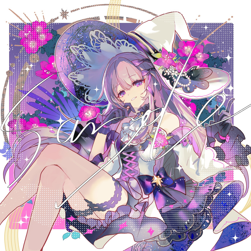 1girl, black_gloves, commentary, dress, flower, gloves, hat, herta_(honkai:_star_rail)