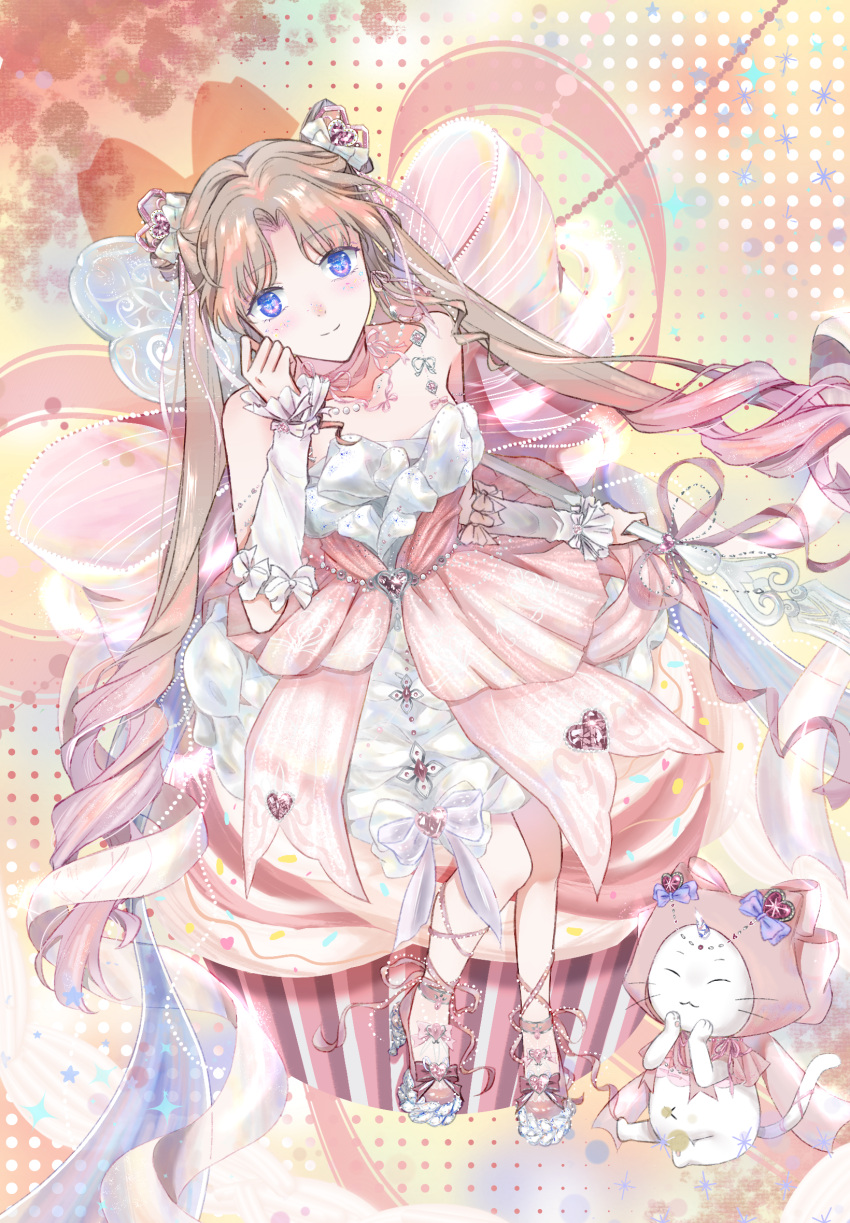 1girl, =_=, animal, anklet, arm_warmers, back_bow, bare_shoulders, bead_necklace