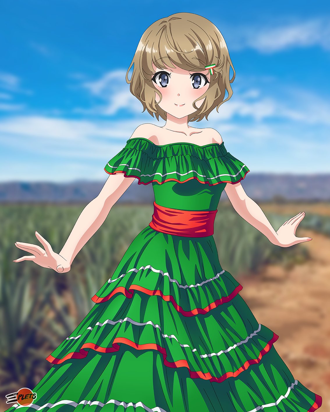 1girl, agave, blue_sky, blush, brown_hair, commentary, dress, english_commentary