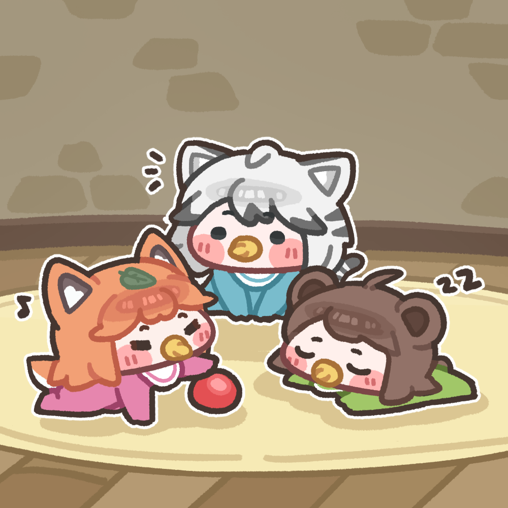 3girls, aged_down, animal_ears, ball, bear_ears, bear_girl, bear_tail, beni_(trickcal)