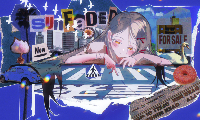 1girl, absurdres, axleaki, bird, black_hair, blue_car, blush, building
