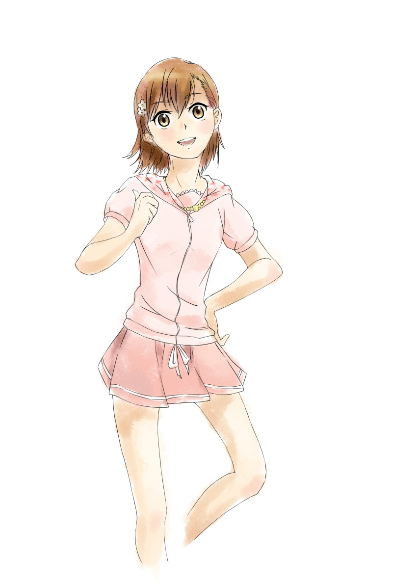 1girl, :d, absurdres, asymmetrical_bangs, bare_arms, brown_eyes, brown_hair, commentary