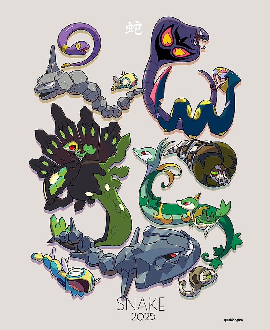 2025, animal_focus, arbok, ashionglee, chinese_zodiac, closed_eyes, commentary, dudunsparce, dudunsparce_(three-segment), dunsparce, ekans, english_commentary, english_text, fangs, forked_tongue, full_body, grey_background, instagram_username, no_humans, onix, open_mouth, pokemon, pokemon_(creature), pokemon_focus, red_eyes, sandaconda, serperior, servine, seviper, silicobra, simple_background, smile, snake, snivy, species_connection, steelix, teeth, tongue, tongue_out, year_of_the_snake, zygarde, zygarde_(50)